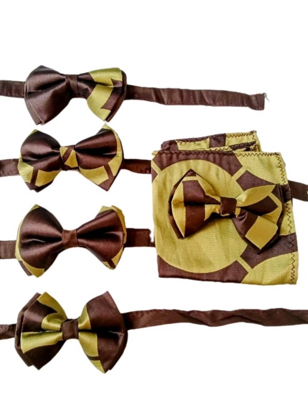 "Lot Of 5 Handmade Bowties. Double Layered Silk. 4"x3" Brown/Lime. Wedding! Prom